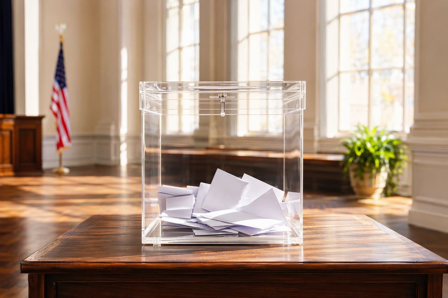 Ballot box in sunlit hall - illustration, Jake Team LLC