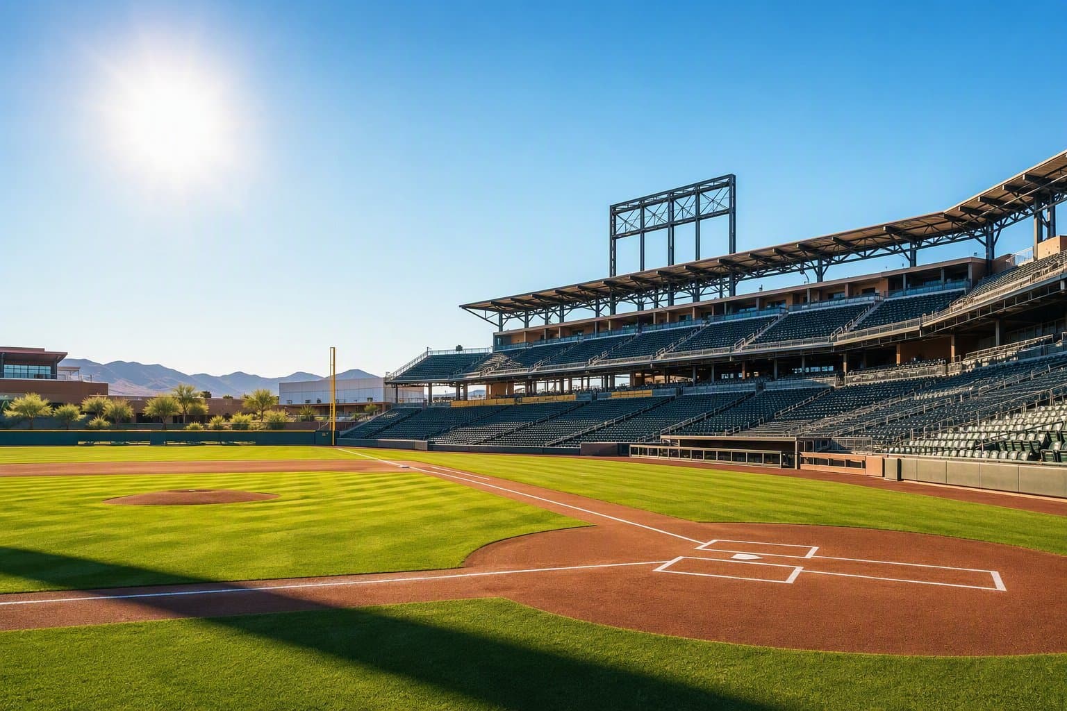 empty sunlit baseball stadium - illustration, Jake Team LLC