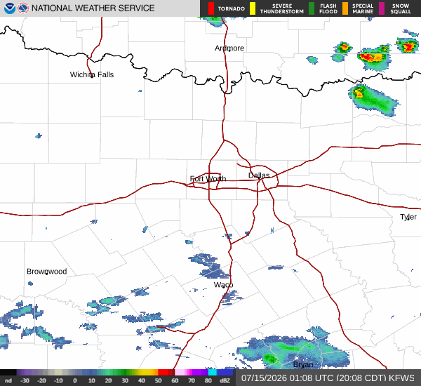 Latest National Weather Service radar for North Texas (KFWS radar). Source: radar.weather.gov.