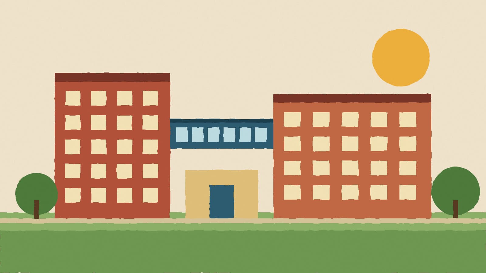 School campus with skybridge - illustration, Jake Team LLC