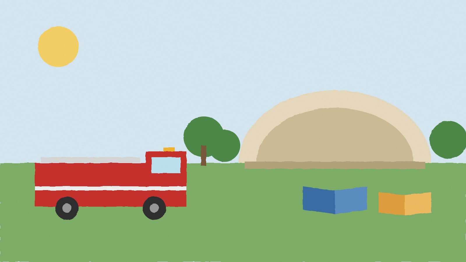 Fire engine at a park amphitheater - illustration, Jake Team LLC