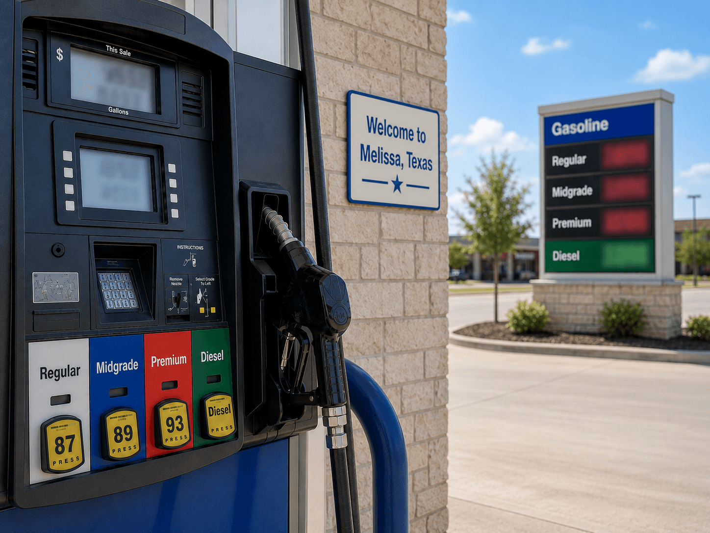 Gas prices at the pump in Melissa Texas - Illustration by Jake Team LLC