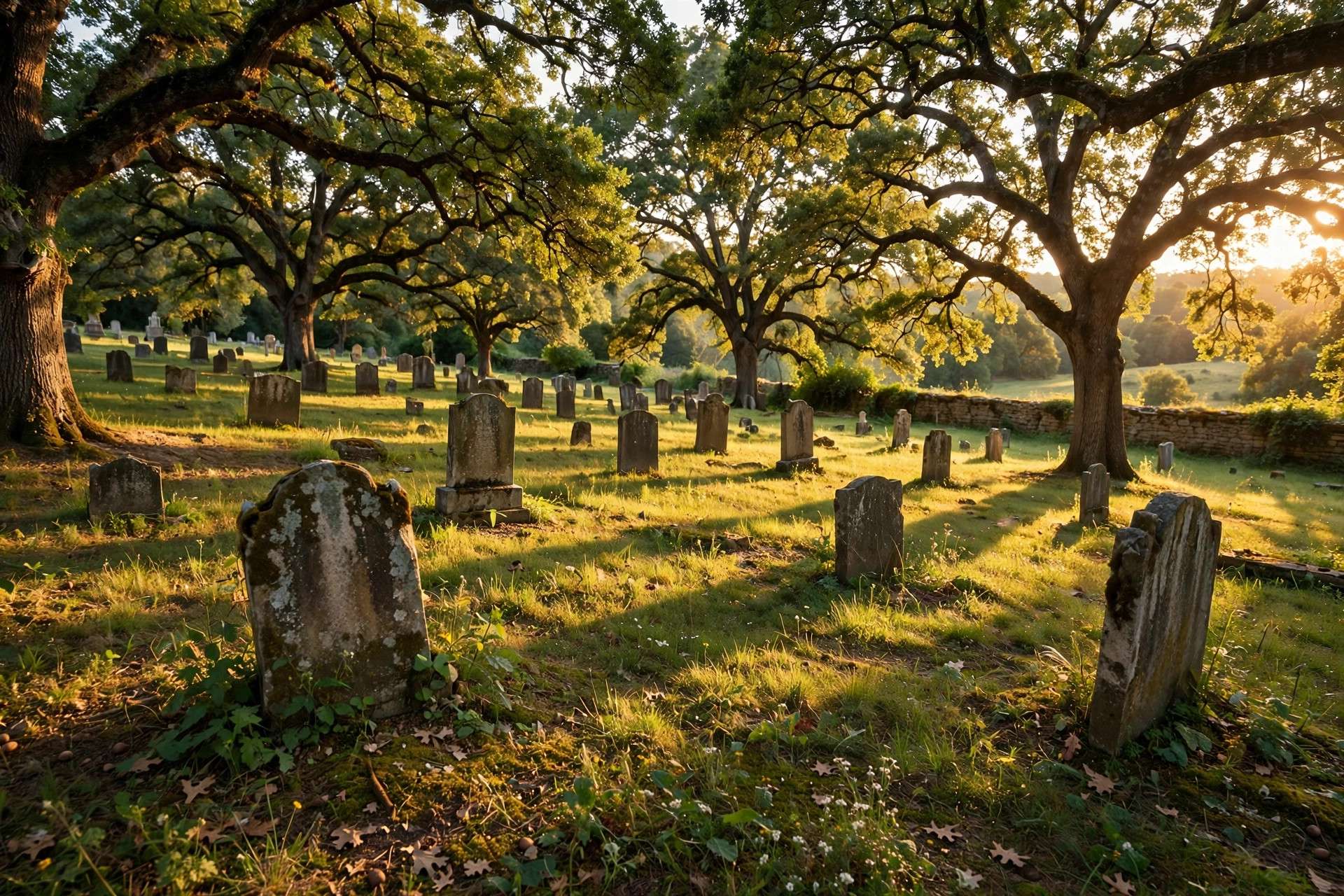 Historic cemetery with old headstones at golden hour - illustration